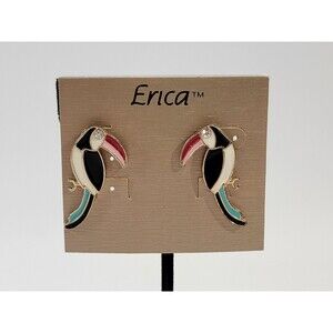 VINTAGE Erica Toucan‎ Themed Multicolor Enamel Bird Stud Statement Earrings EUC